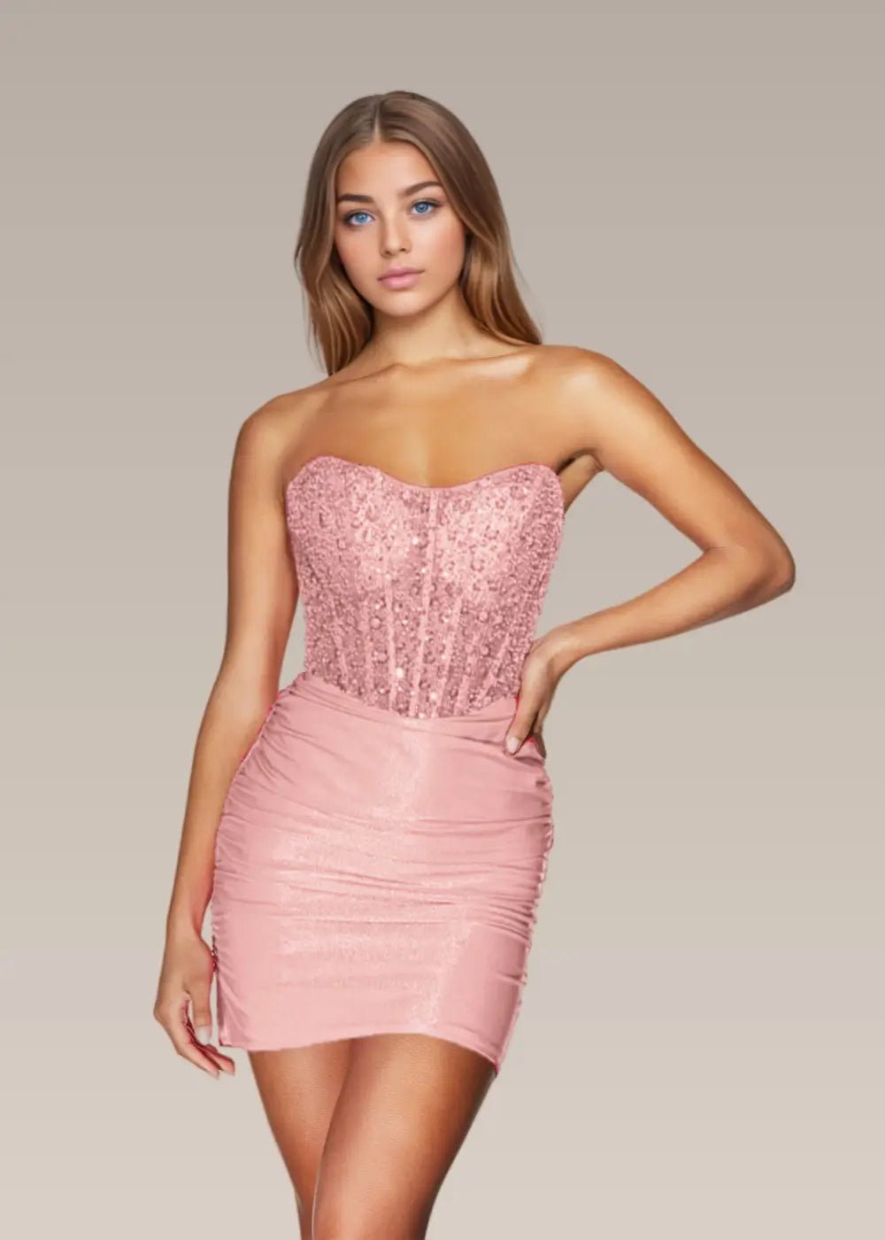 Meroy |Bodycon Sweetheart Strapless Straight Closed Back Corset Dress Short Homecoming Dress With Embellished Ruched - Pink - US0 - PromDressClub