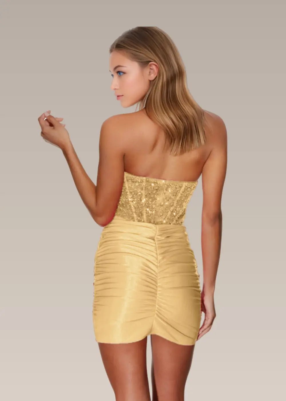 Meroy |Bodycon Sweetheart Strapless Straight Closed Back Corset Dress Short Homecoming Dress With Embellished Ruched - Gold - US0 - PromDressClub