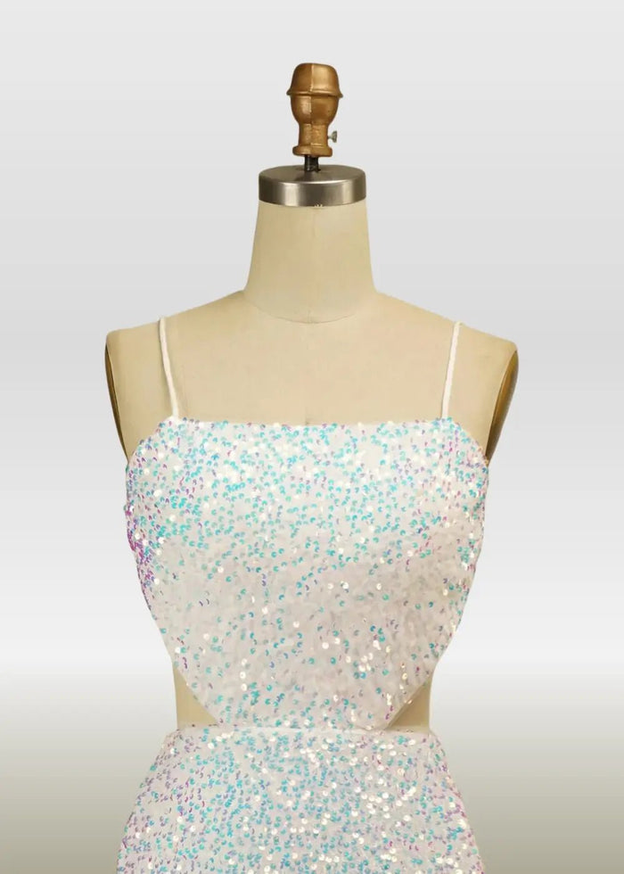 Marian |Bodycon White Square Backless Short/Mini Homecoming Dress with Sparkly Sequins - White - PromDressClub