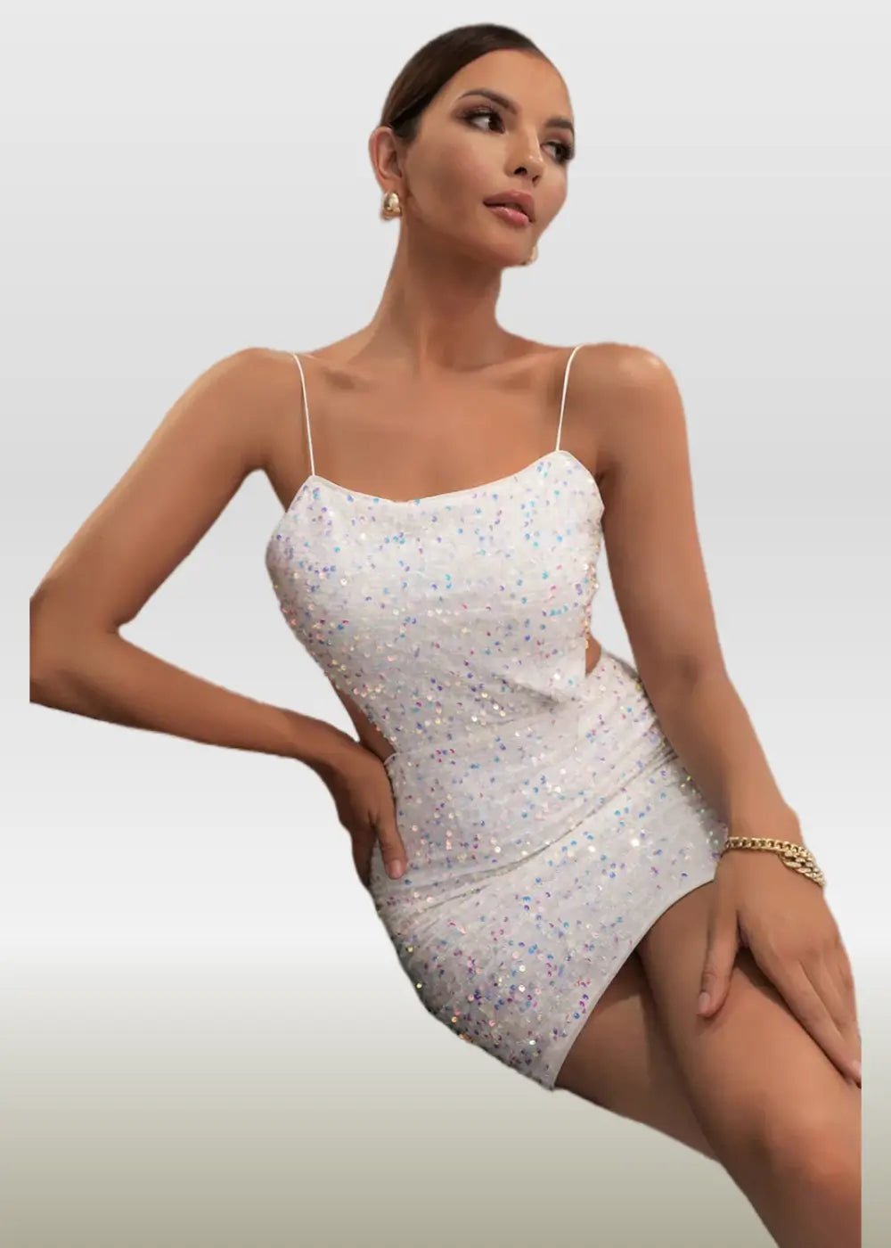 Marian |Bodycon White Square Backless Short/Mini Homecoming Dress with Sparkly Sequins - White - PromDressClub