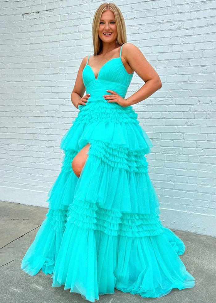 Bridget | Black Sage Green A Line Ruffle V Neck Prom Dress with Slit - Aqua - PromDressClub