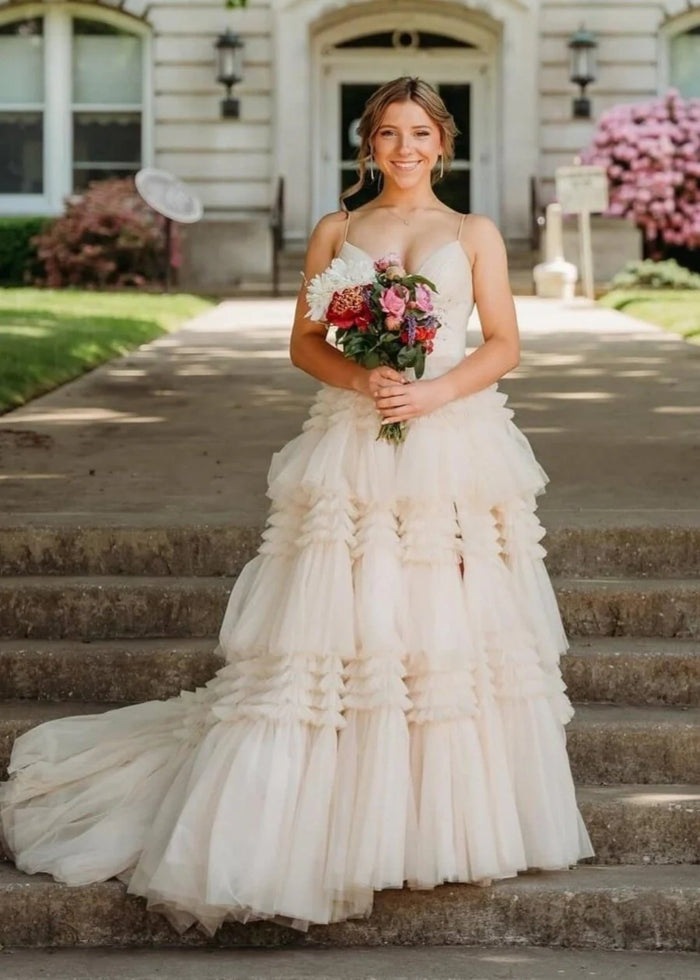 Bridget | Black Sage Green A Line Ruffle V Neck Prom Dress with Slit - Champagne - PromDressClub