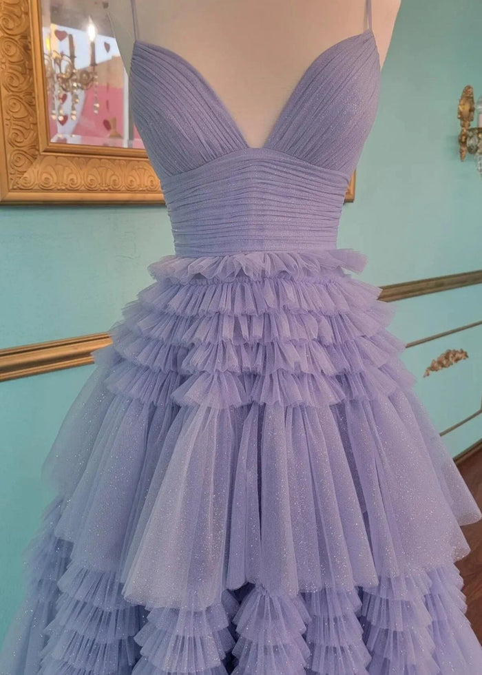 Bridget | Black Sage Green A Line Ruffle V Neck Prom Dress with Slit - Lilac - PromDressClub