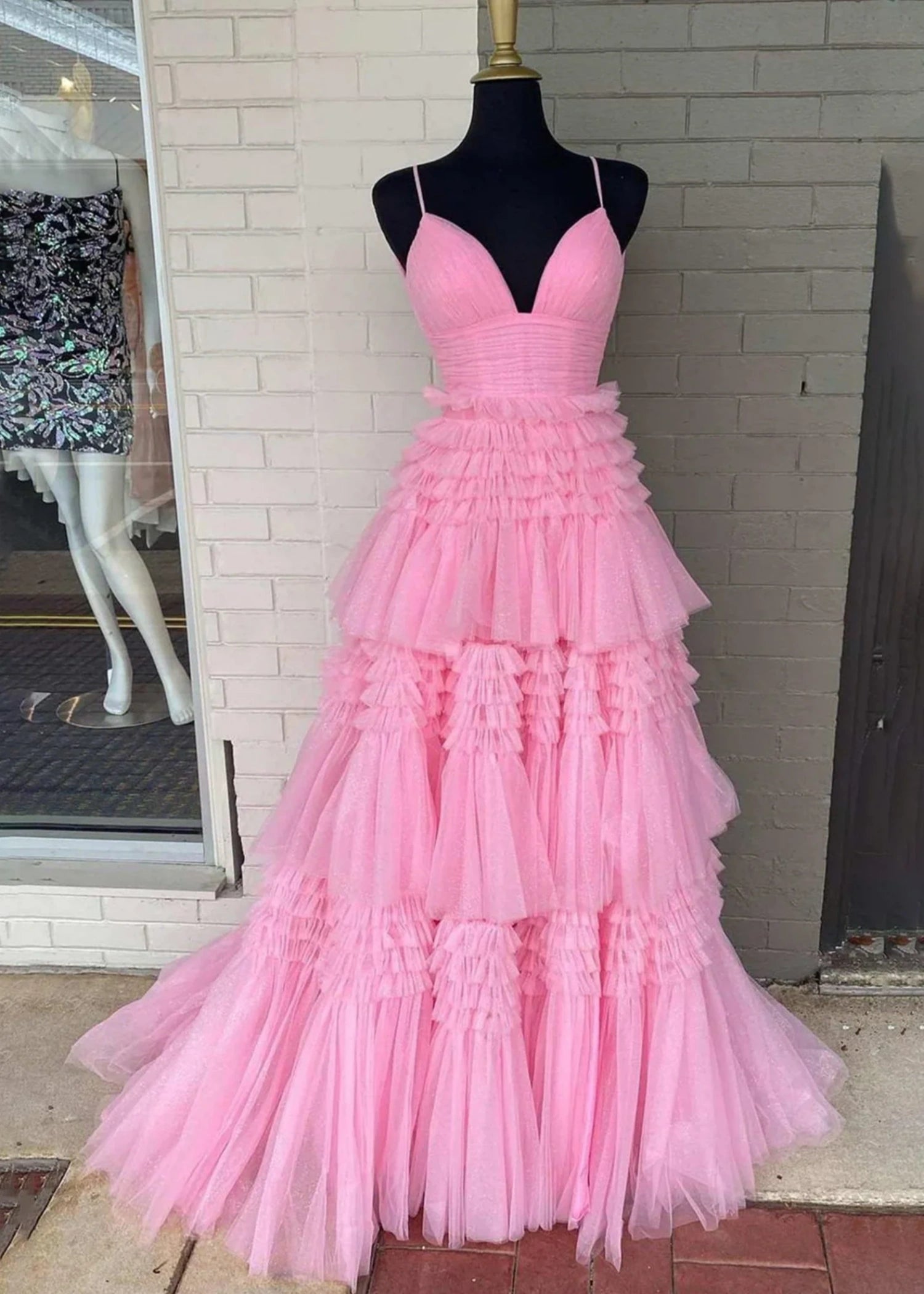 Bridget |A - Line Sweetheart Spaghetti StrapsTiered Tulle Long Black Prom Dress With Split - Pink - US0 - PromDressClub