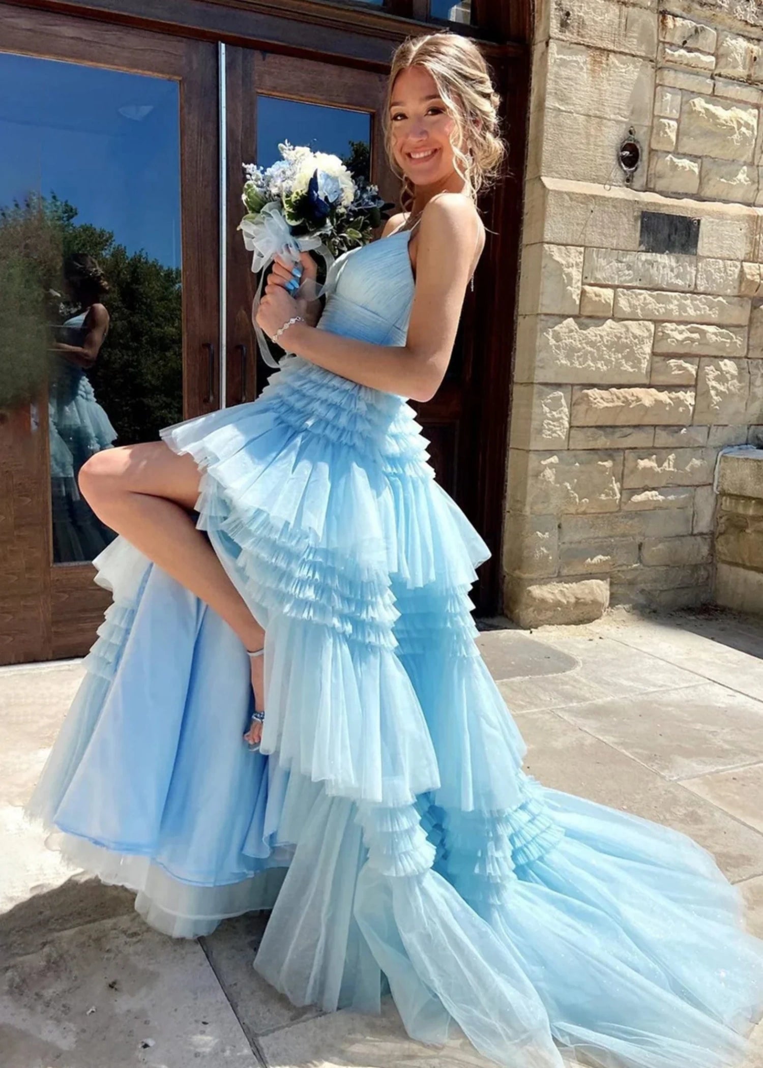 Bridget |A - Line Sweetheart Spaghetti StrapsTiered Tulle Long Black Prom Dress With Split - Sky Blue - US0 - PromDressClub