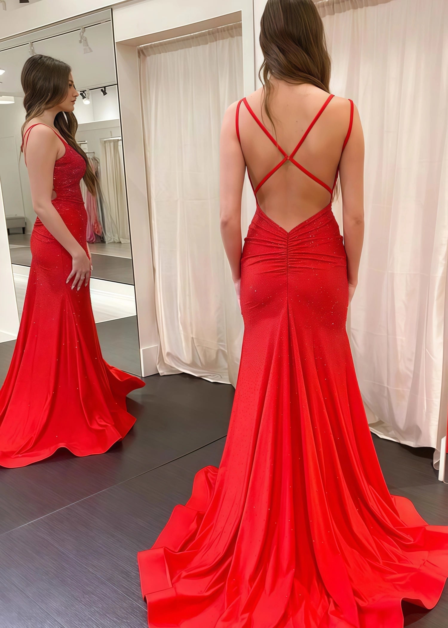 Bridget | Long Red Prom Dress With Mermaid V Neck Beaded Jersey - Red - US0 - PromDressClub