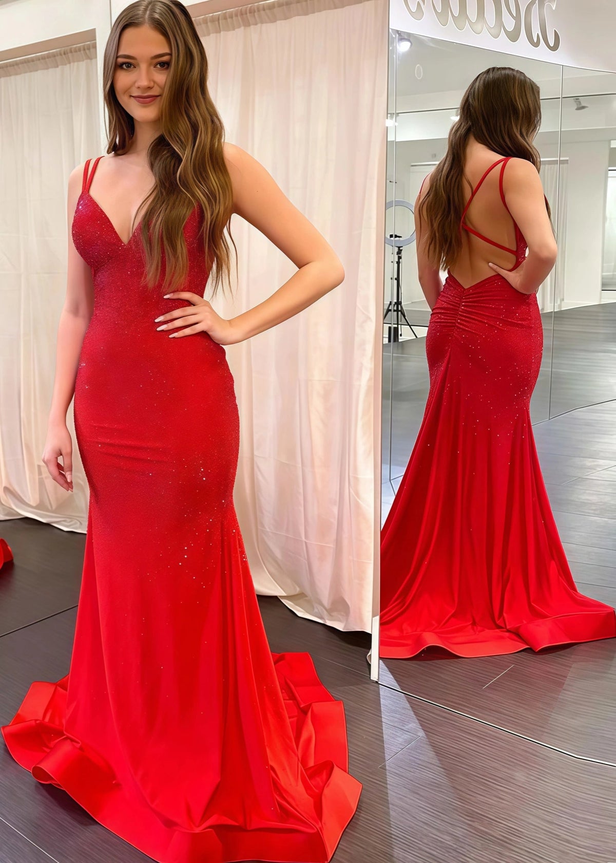 Bridget | Long Red Prom Dress With Mermaid V Neck Beaded Jersey - Red - US0 - PromDressClub