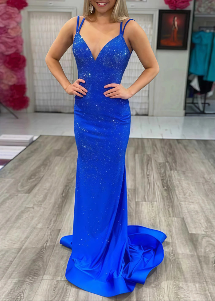Bridget | Long Red Prom Dress With Mermaid V Neck Beaded Jersey - Royal Blue - PromDressClub