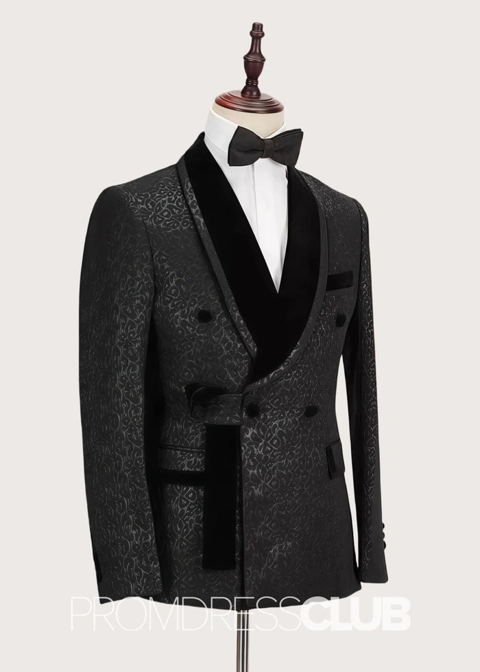Brook |Black Prom Suits For Men With Velvet Lapel Double Breasted Belt Leopard Black Jacquard - Price #price_variant_lowest# - 34 - PromDressClub