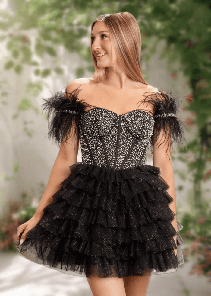 Brooke | A Line Black Tulle Off the Shoulder Beaded Feather Ruffle Cocktail Dress - Black - PromDressClub