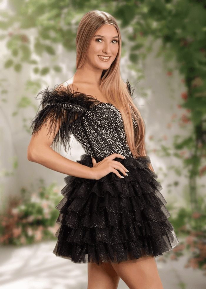 Brooke | A Line Black Tulle Off the Shoulder Beaded Feather Ruffle Cocktail Dress - Black - PromDressClub