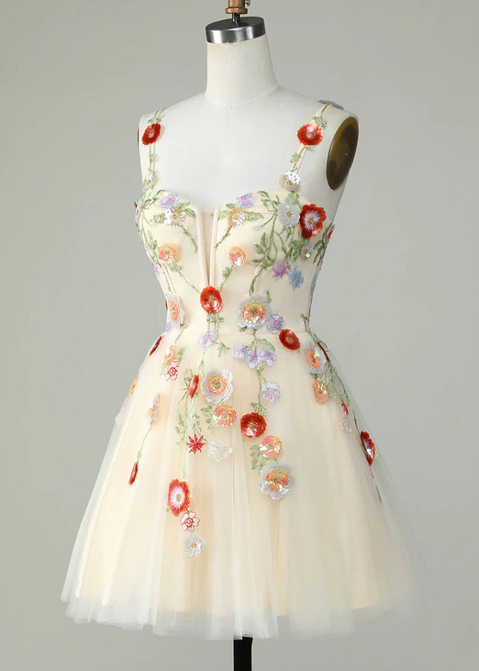 Caliandra | Slay Homecoming Night in a Showstopping Black Corset Dress - Champagne Floral - PromDressClub