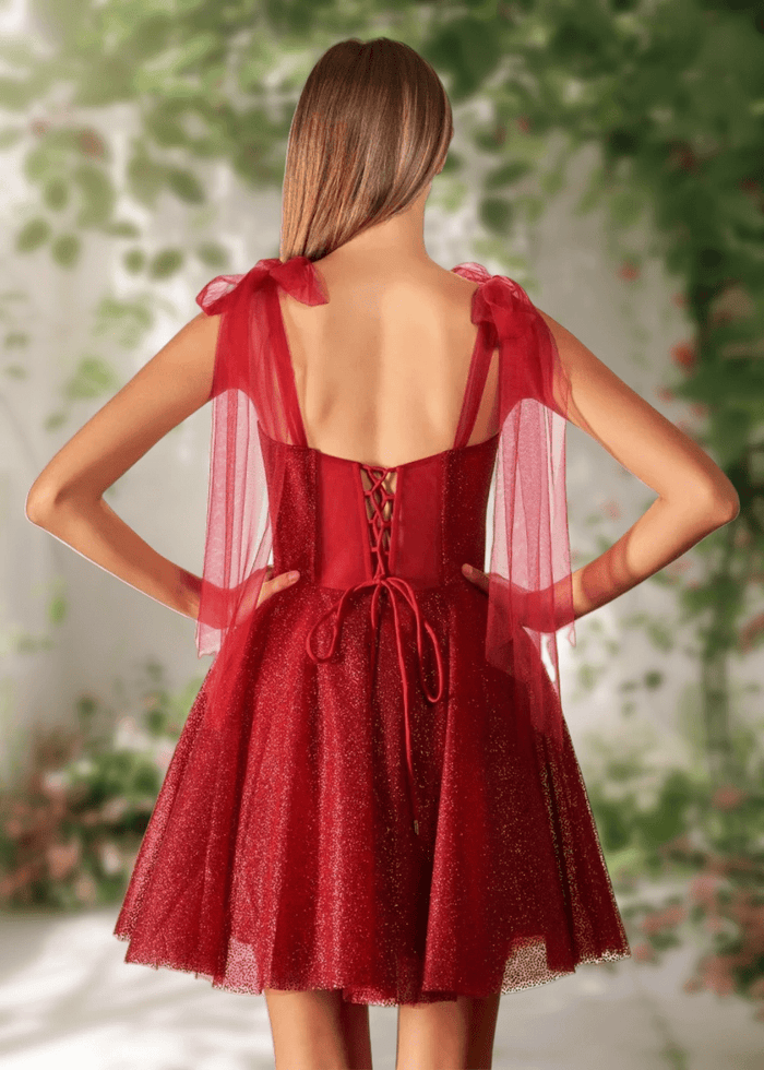 Cara | Ivory Glitter Sequin A Line Corset Short Homecoming Dress Bow - Burgundy - PromDressClub