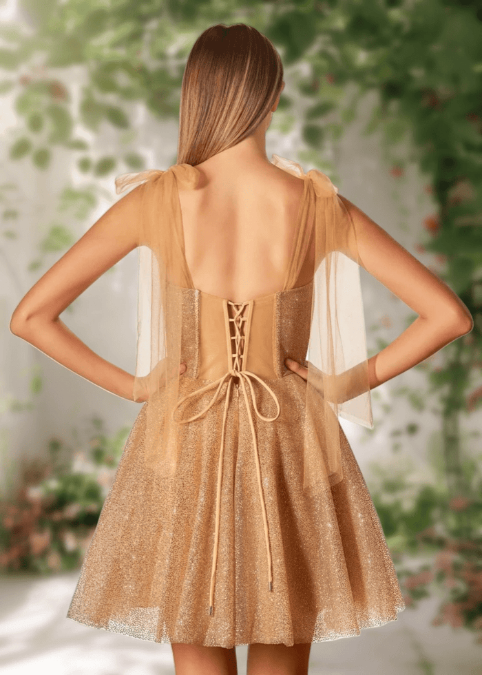 Cara | Ivory Glitter Sequin A Line Corset Short Homecoming Dress Bow - Champagne - PromDressClub