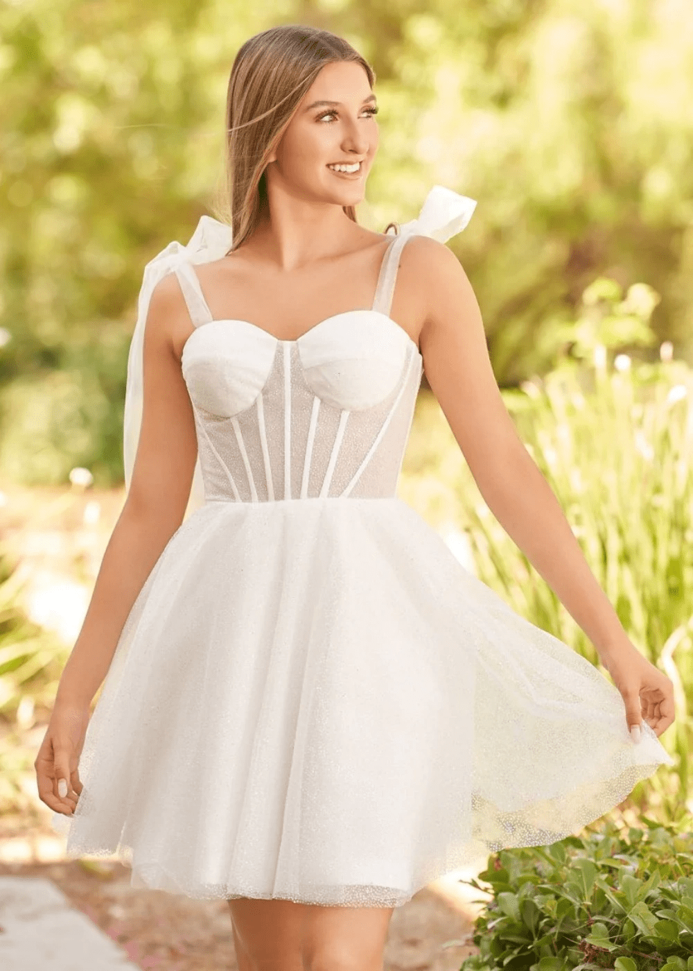 Cara | Ivory Glitter Sequin A Line Corset Short Homecoming Dress Bow - Ivory - PromDressClub