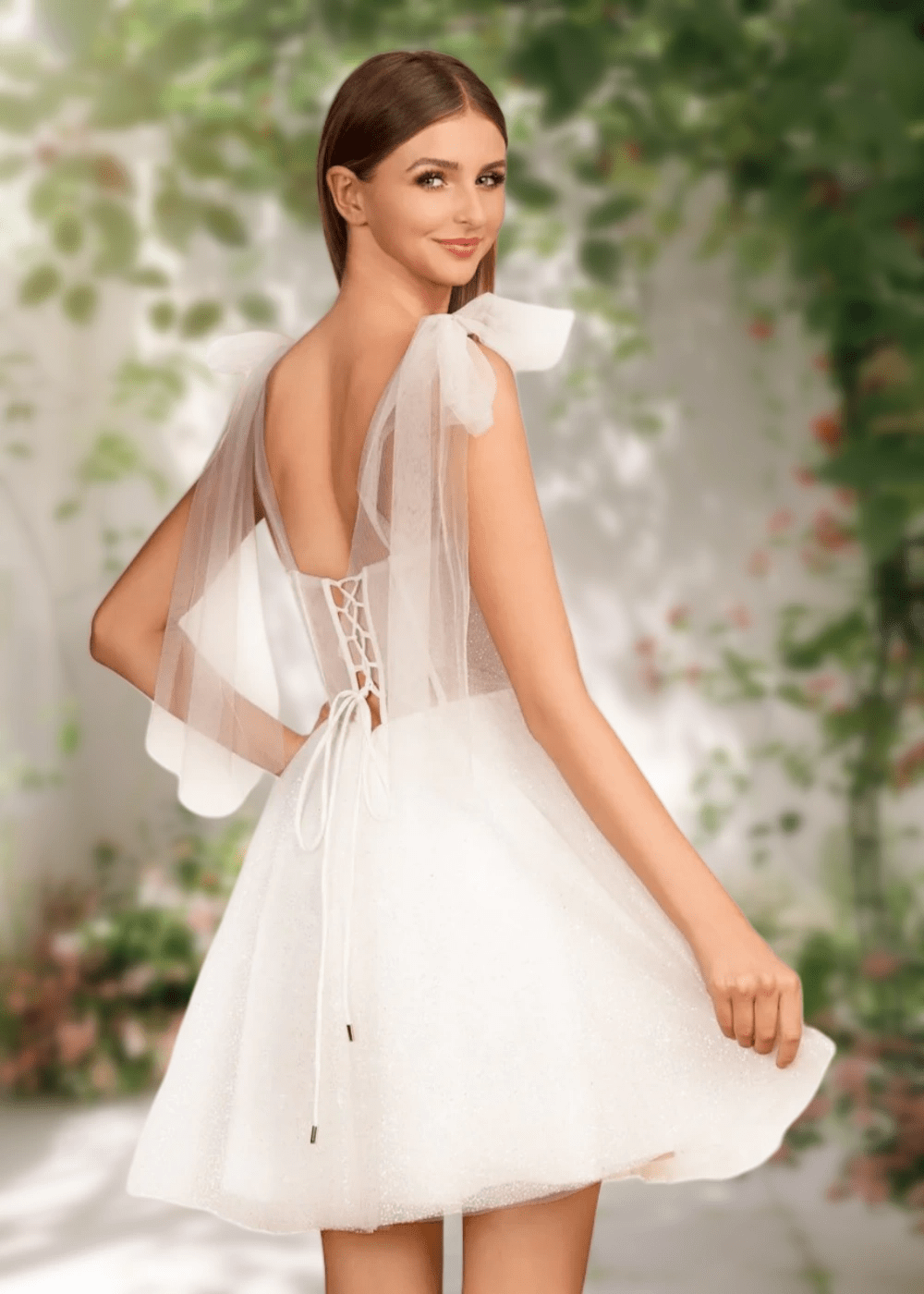 Cara | Ivory Glitter Sequin A Line Corset Short Homecoming Dress Bow - Ivory - PromDressClub