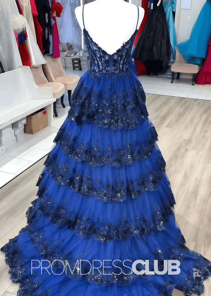 Carol |Red Dress Prom Long A - Line Spaghetti Straps Lace with Ruffles - Navy Blue - PromDressClub