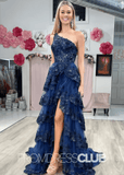 Caroline |Blue Prom Dresses Long A Line One Shoulder Lace with Split - Navy Blue - PromDressClub