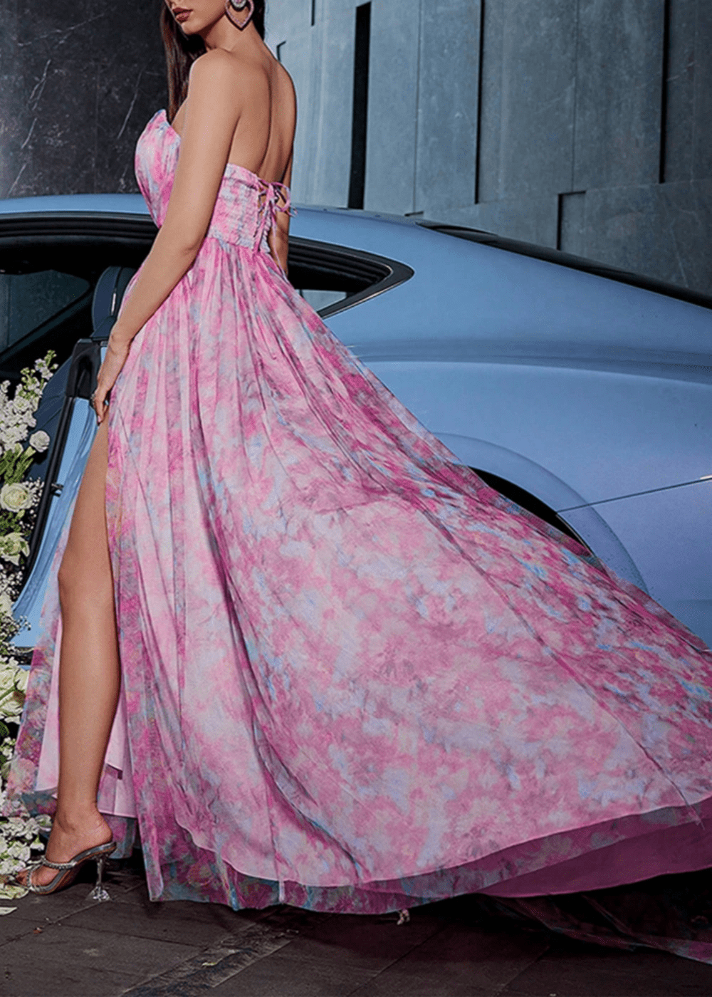 Cassandra | A Line Hot Pink Floral Strapless Corset Prom Dress with Slit – Elegant & Affordable Choice - Hot Pink Floral - PromDressClub