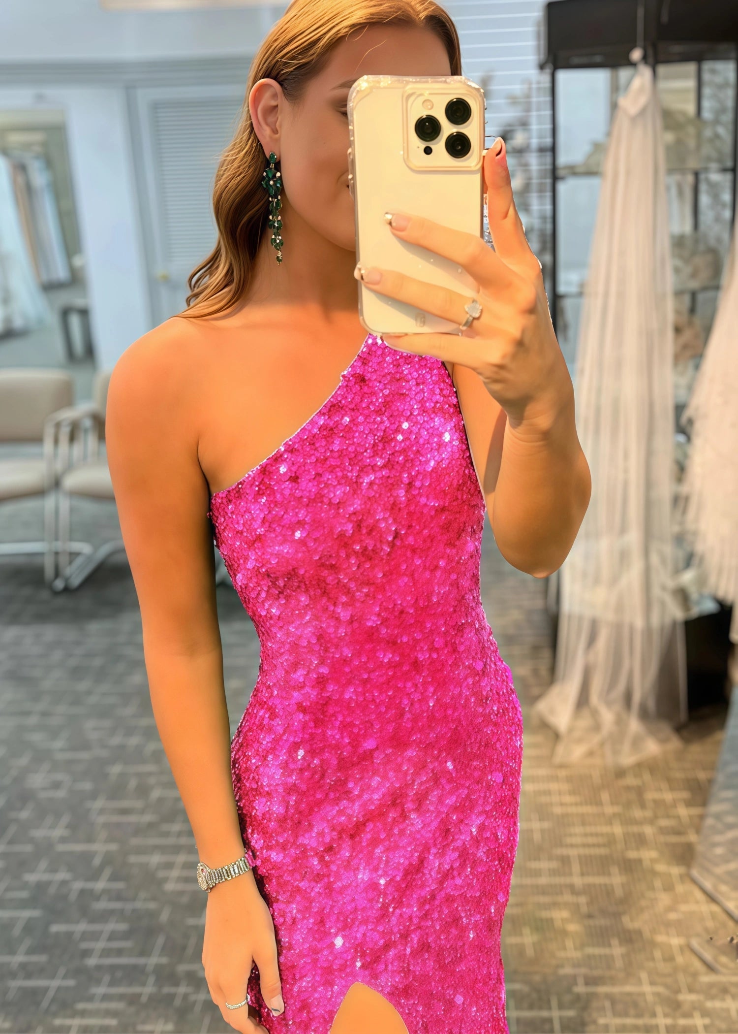 Cecilia |Mermaid One Shoulder Glitter Black Sequins Long Prom Dress with Slit - Fuchsia - US0 - PromDressClub