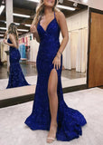 Celeste | Long Royal Blue Prom Dress Sequins With Mermaid Halter Slit - Royal Blue - US0 - PromDressClub