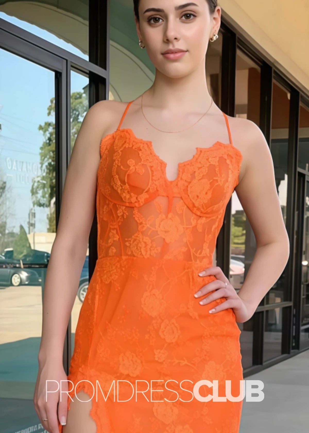 Celeste |Orange Prom Dresses Long Mermaid Spaghetti Straps Lace Corset with Slit - Orange - PromDressClub