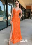 Celeste |Orange Prom Dresses Long Mermaid Spaghetti Straps Lace Corset with Slit - Orange - PromDressClub