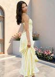 Charlotte | Chic Strapless Yellow Satin Prom Dress with Train – Shine Bright at Your Prom - Yellow - PromDressClub