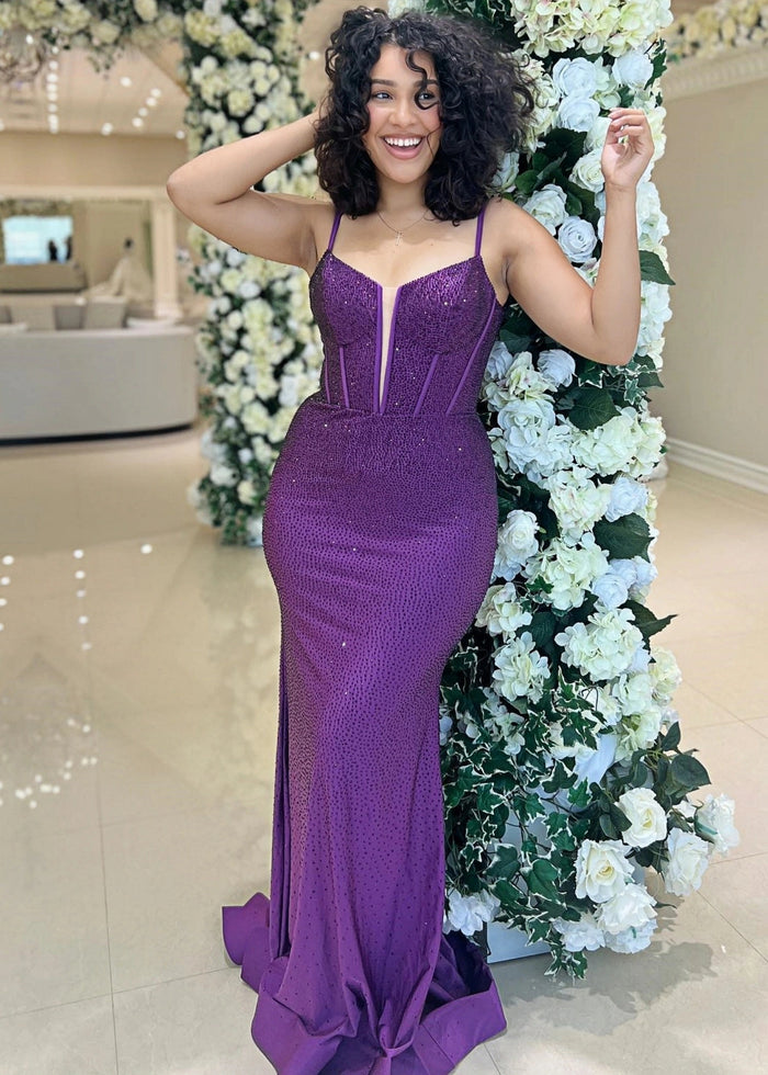 Charlotte | Long Blue Prom Dress Satin With Mermaid Spaghetti Straps Beaded - Purple - PromDressClub