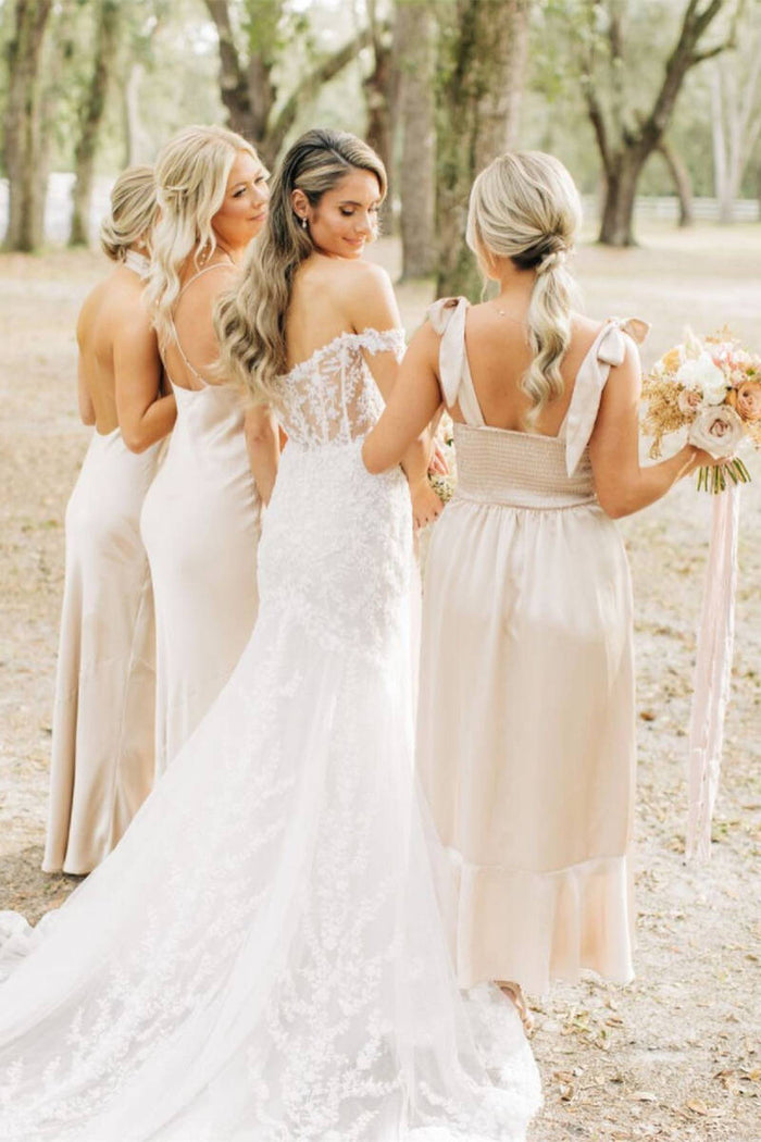 Marjorie | Long Mismatched Bridesmaid Dress Champagne Wedding Guest Dress - Champagne - PromDressClub