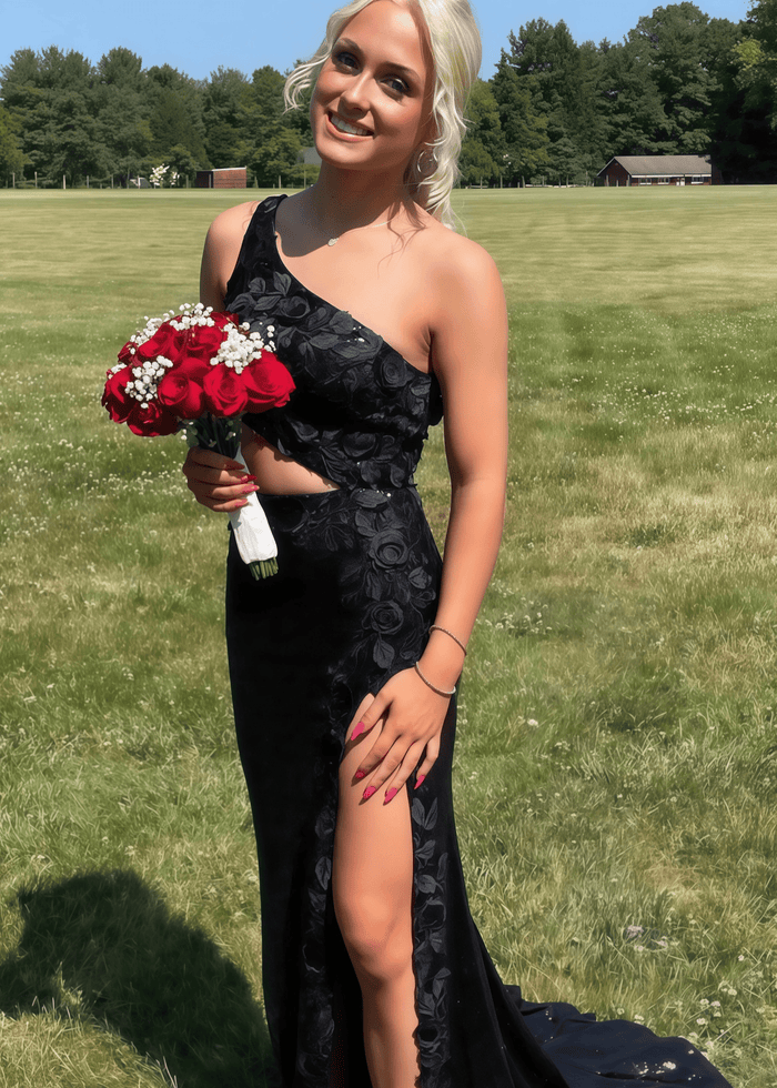 Cheryl | Long White Prom Dress Sequins With Mermaid One Shoulder 3D Appliques - Black - PromDressClub