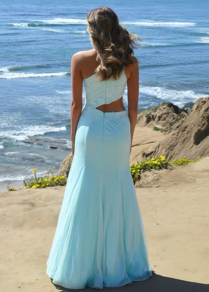 Cheryl | Long White Prom Dress Sequins With Mermaid One Shoulder 3D Appliques - Blue - PromDressClub
