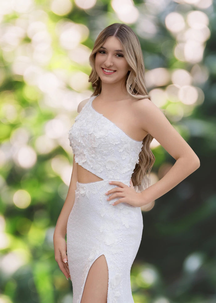 Cheryl | Long White Prom Dress Sequins With Mermaid One Shoulder 3D Appliques - White - PromDressClub