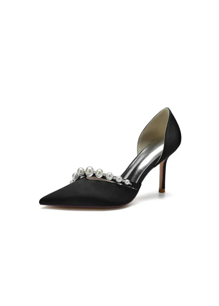 Chic Satin Heels with Pearls: Elevate Your Style with Pointed Toe Heels - Black - PromDressClub