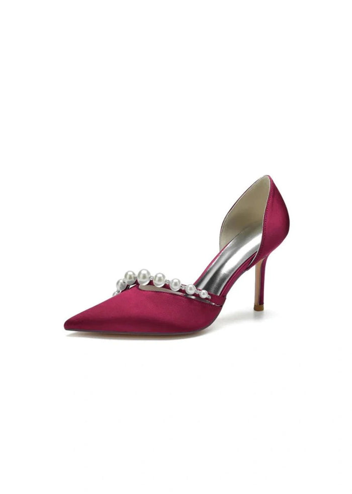 Chic Satin Heels with Pearls: Elevate Your Style with Pointed Toe Heels - Burgundy - PromDressClub