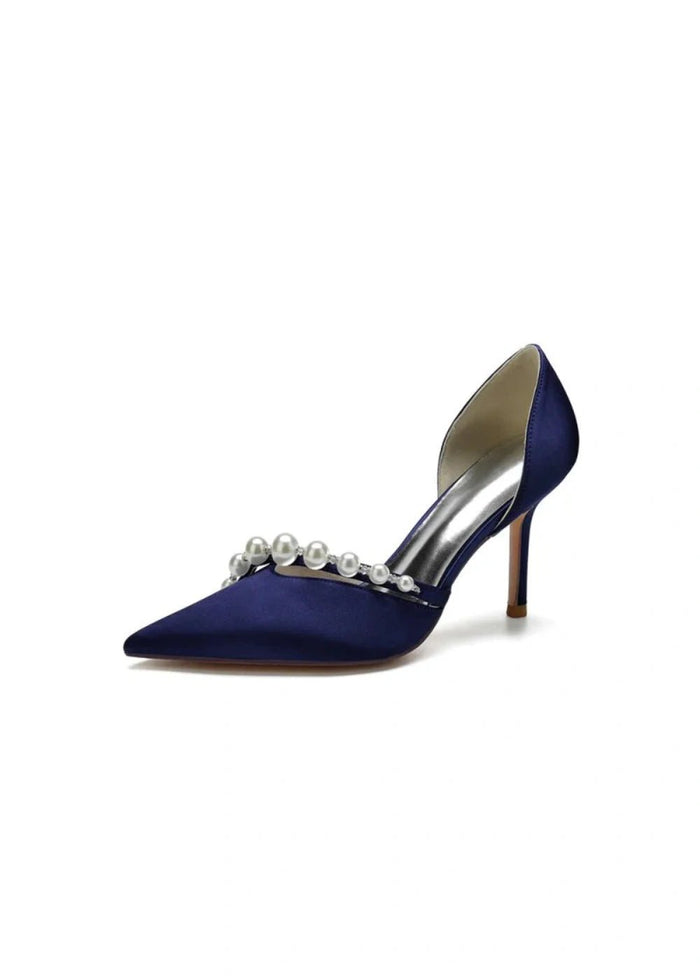 Chic Satin Heels with Pearls: Elevate Your Style with Pointed Toe Heels - Navy Blue - PromDressClub