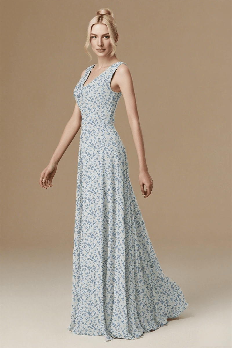 Chic Sensibility Blue and White Floral Bridesmaid Dress for Outdoor Elegance - Blue Floral - PromDressClub