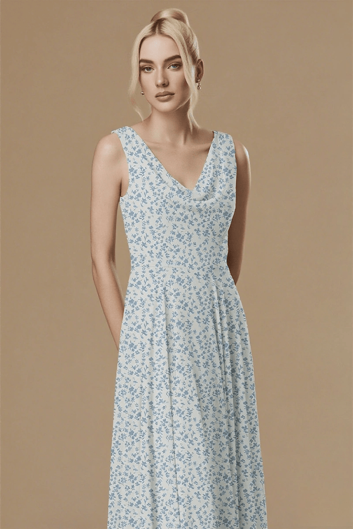 Chic Sensibility Blue and White Floral Bridesmaid Dress for Outdoor Elegance - Blue Floral - PromDressClub