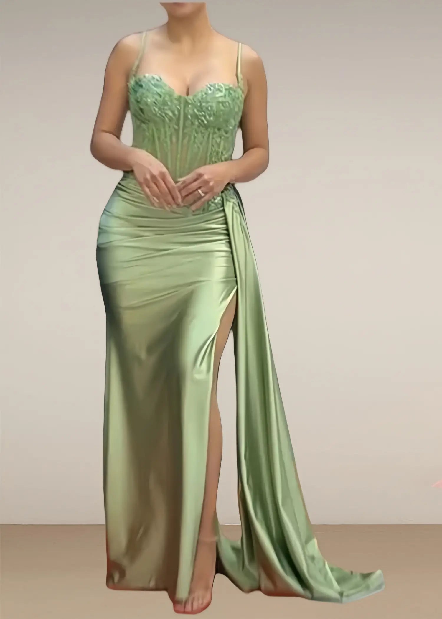 Christie |Trendy Mermaid Spaghetti Straps Plus Size Red Corset Long Prom Dress with Appliques - Green - US0 - PromDressClub