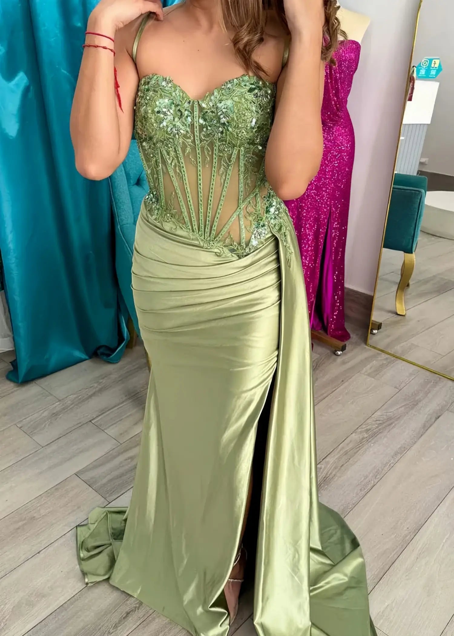 Christie |Trendy Mermaid Spaghetti Straps Plus Size Red Corset Long Prom Dress with Appliques - Green - US0 - PromDressClub