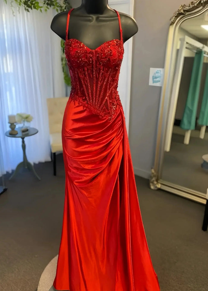 Christie | Trumpet/Mermaid Sweetheart Neck Red Lace Plus Size Prom Dress with Slit - Red - PromDressClub