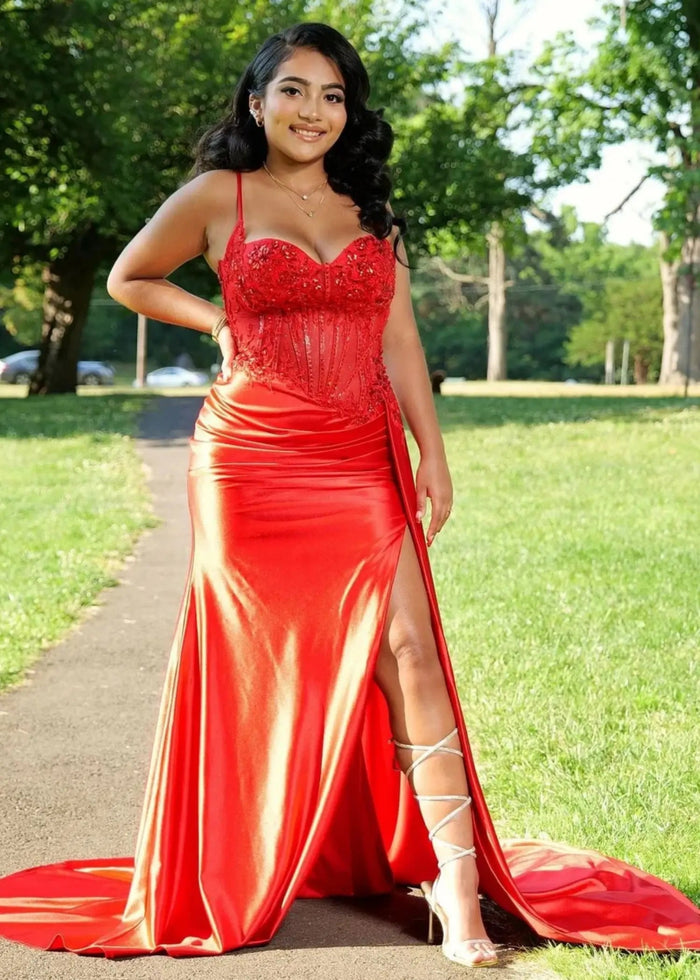 Christie | Trumpet/Mermaid Sweetheart Neck Red Lace Plus Size Prom Dress with Slit - Red - PromDressClub