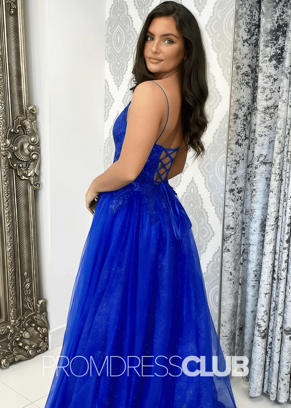 Christine |Royal Blue Prom Dresses Long A Line Sparkly Beaded Corset Tulle with Slit - Royal Blue - PromDressClub