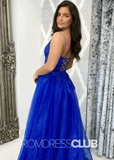 Christine |Royal Blue Prom Dresses Long A Line Sparkly Beaded Corset Tulle with Slit - Royal Blue - PromDressClub