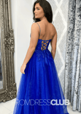 Christine |Royal Blue Prom Dresses Long A Line Sparkly Beaded Corset Tulle with Slit - Royal Blue - PromDressClub