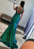 Claire |Mermaid Deep V Neck Green Sequins Long Prom Dress - Dark Green - US0 - PromDressClub