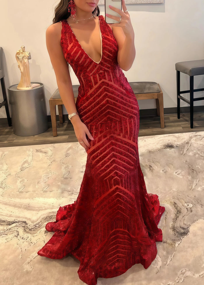 Claire | Emerald Green Silver Mermaid V Neck Corset Formal Dress with Sequins - Burgundy - PromDressClub