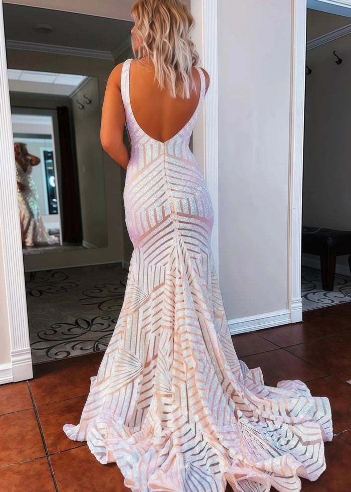 Claire | Emerald Green Silver Mermaid V Neck Corset Formal Dress with Sequins - White - PromDressClub