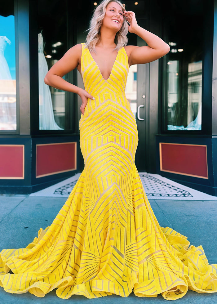 Claire | Emerald Green Silver Mermaid V Neck Corset Formal Dress with Sequins - Yellow - PromDressClub