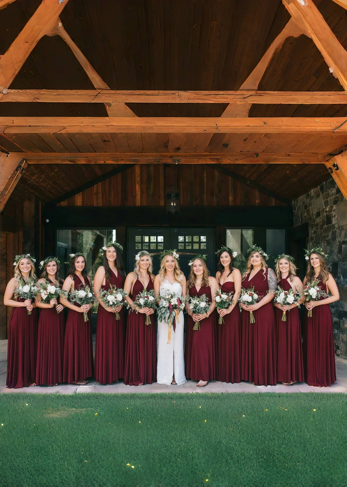 Clara | Blessed Romance Convertible Burgundy Chiffon Maxi Bridesmaid Dress with Multiway Infinity - Price #price_variant_lowest# - Burgundy - PromDressClub